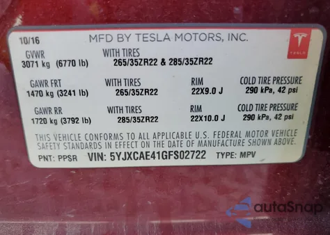 2016 Tesla Model X from USA, damaged, VIN 5YJXCAE41GFS02722